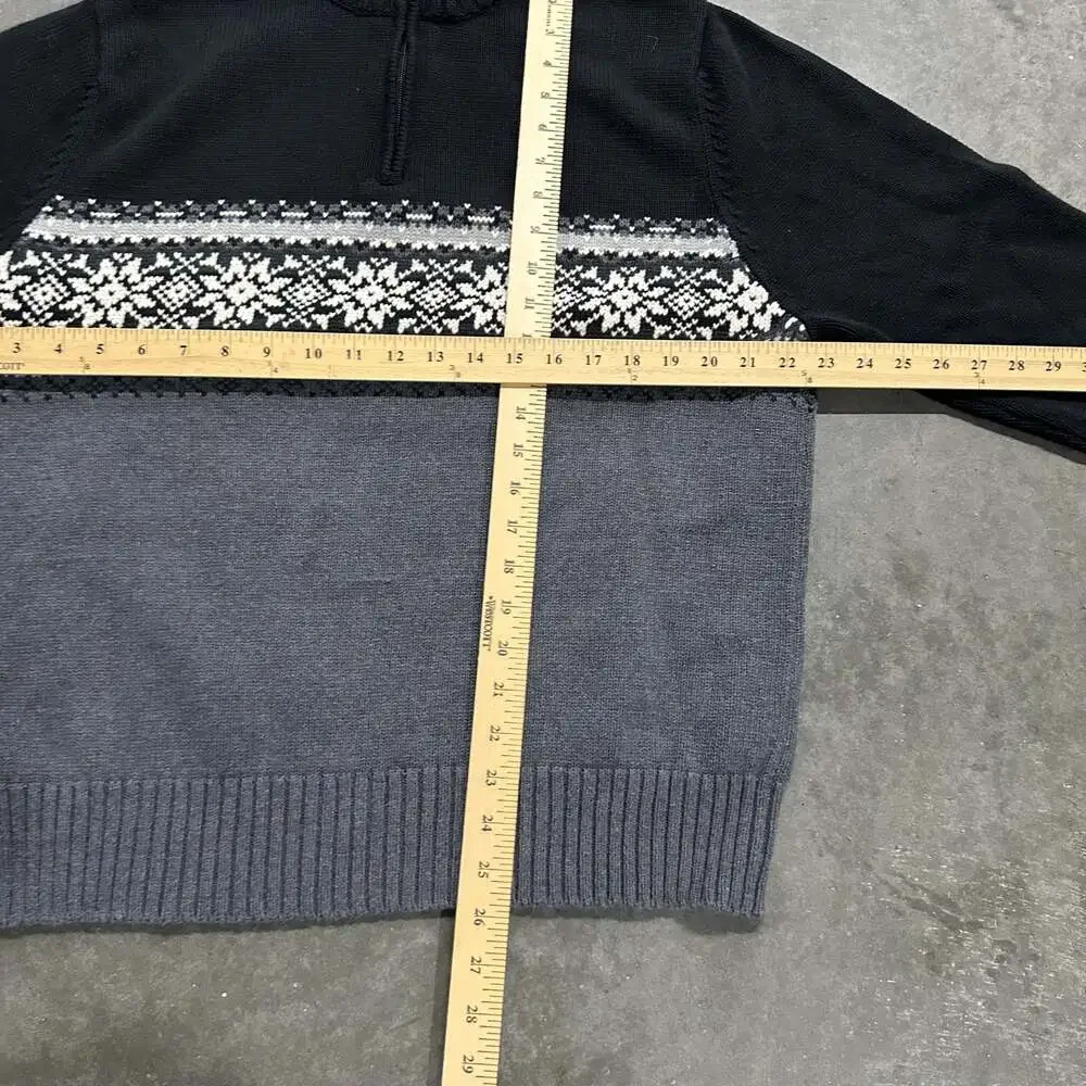 Vintage Eddie Bauer Men's Black Grey Fair Isle 1/4 Quarter Zip Cotton Sweater L